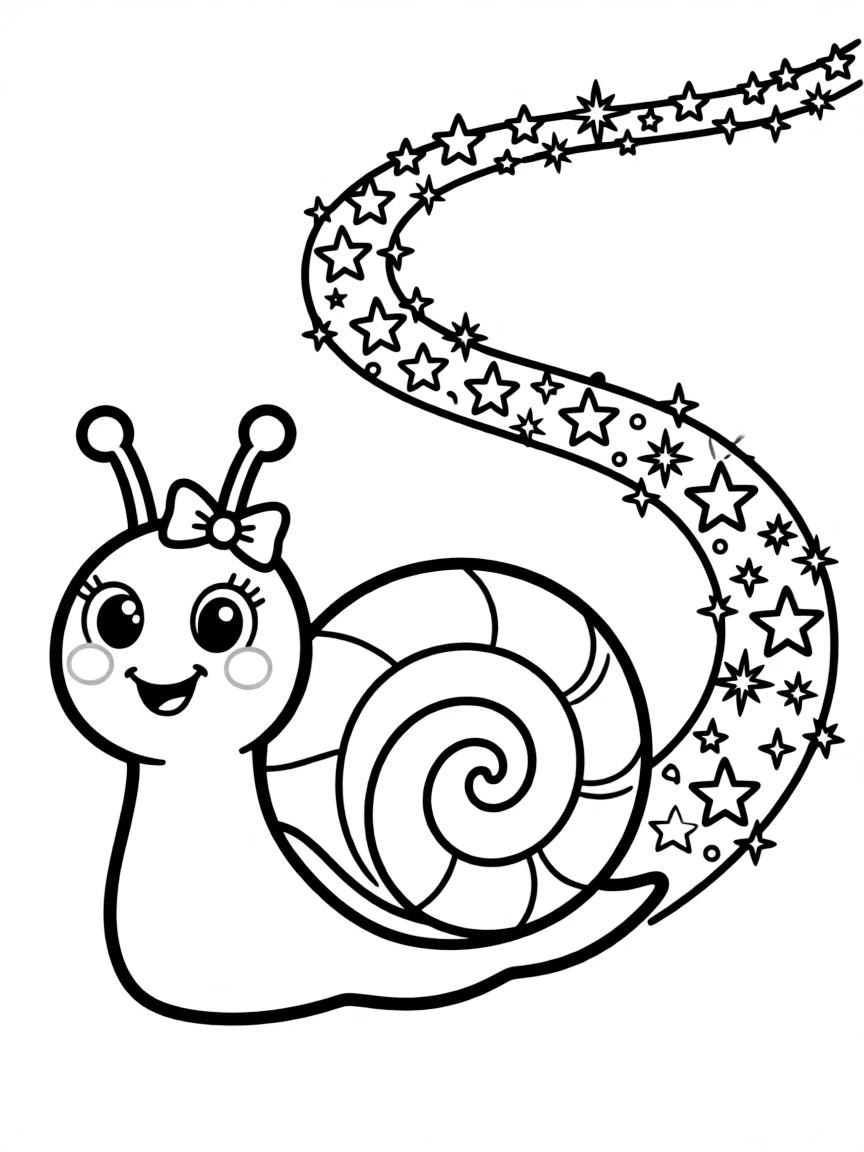 Cute cartoon snail leaving a glitter trail coloring book page