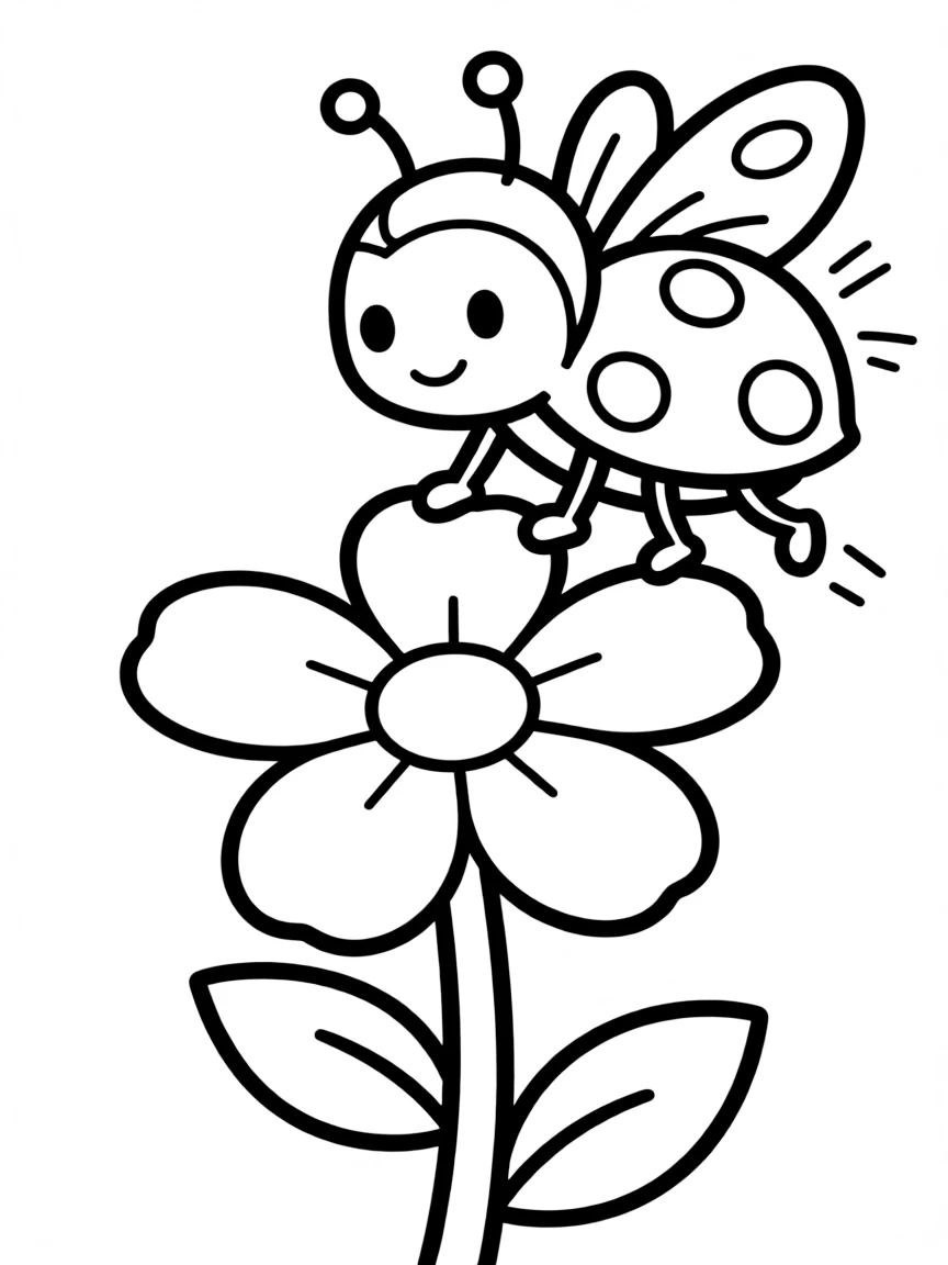 Cute cartoon ladybug flying over a flower coloring book page