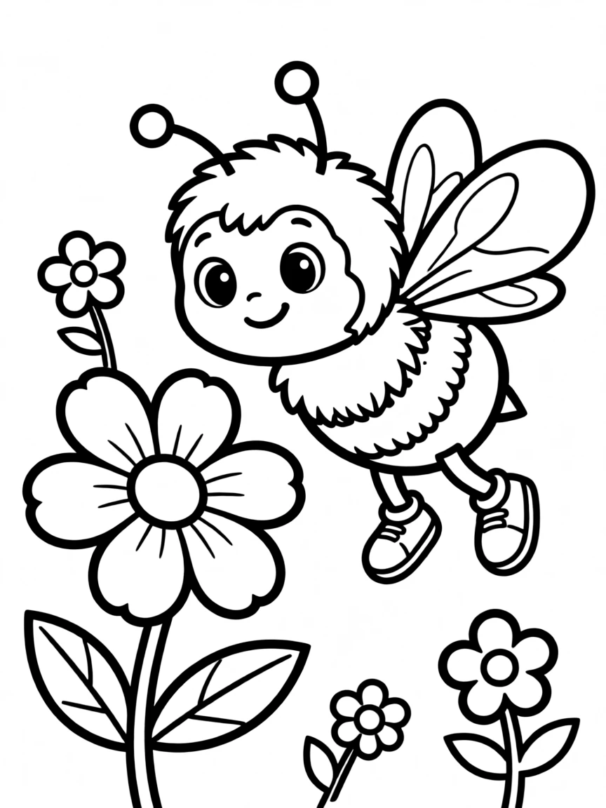Cute cartoon bee collecting nectar coloring book page