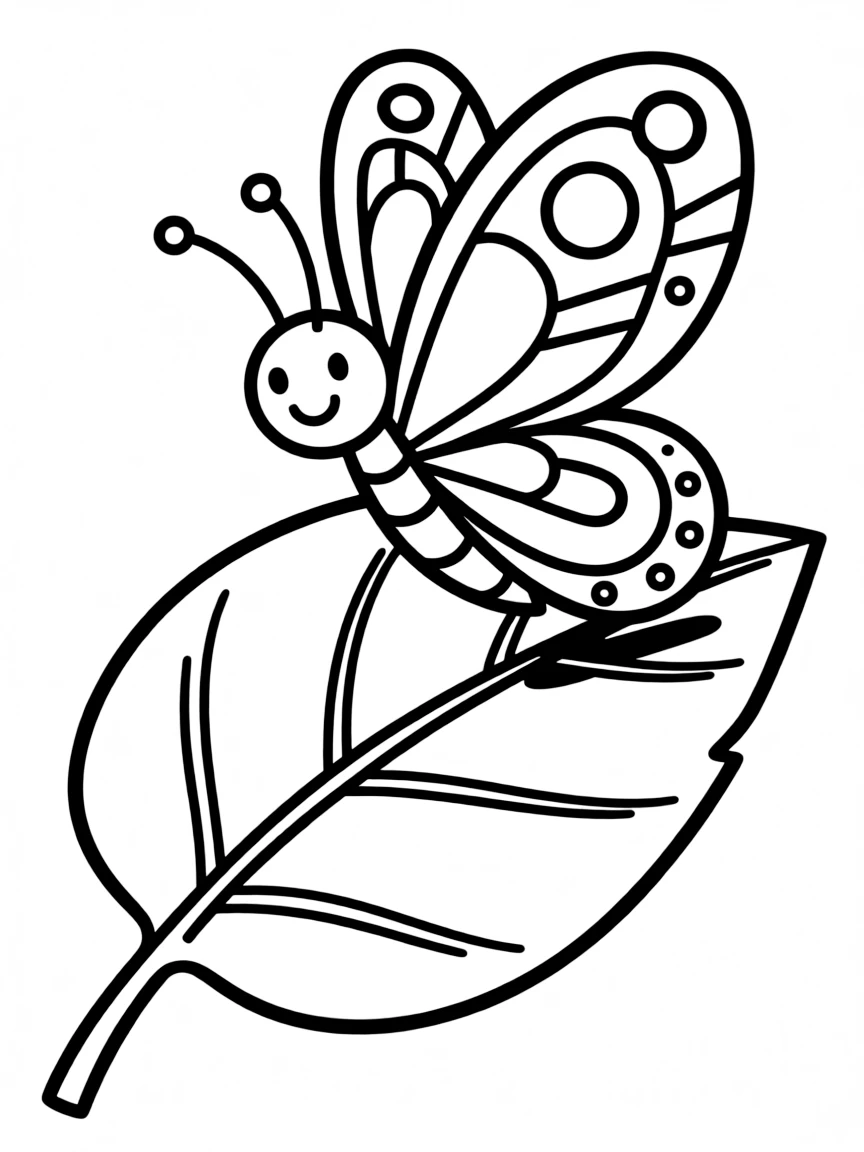 Cute cartoon butterfly landing on a leaf coloring book page