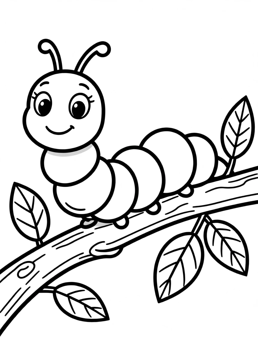Cute cartoon caterpillar crawling on a branch coloring book page