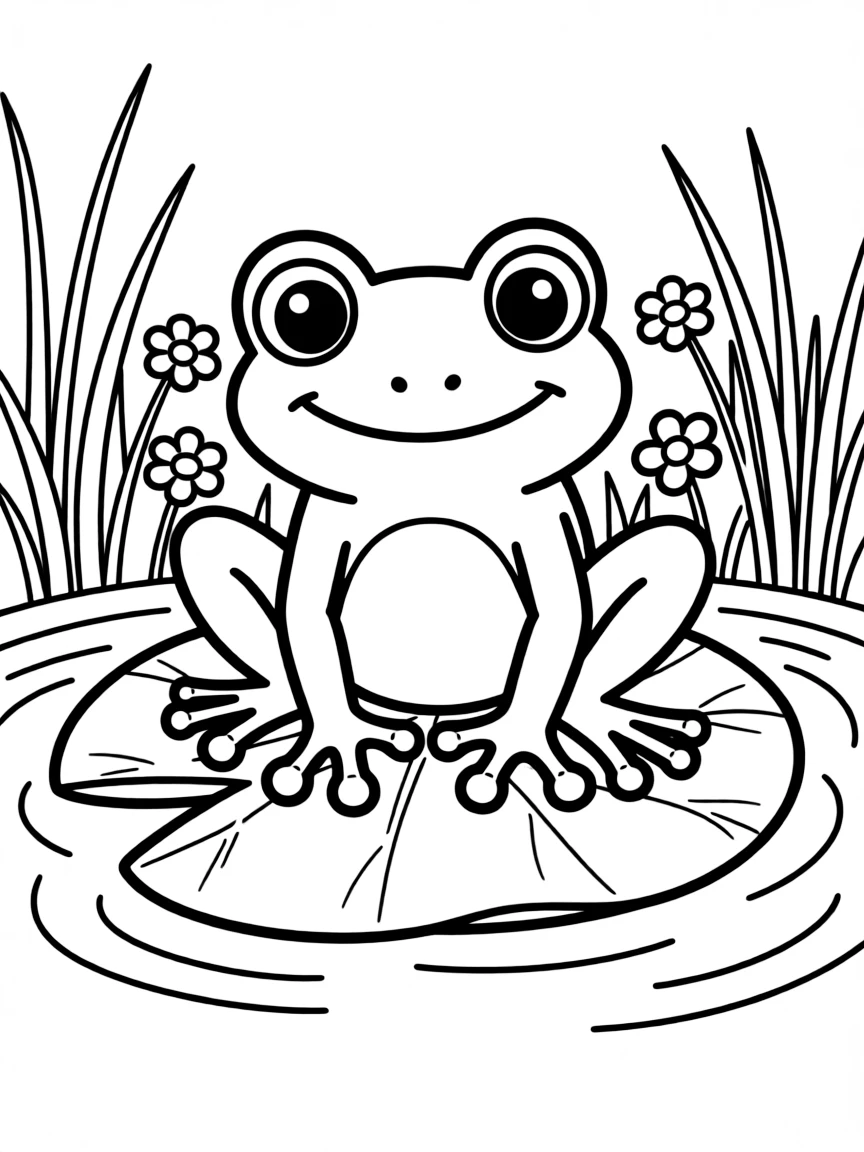 Cute cartoon frog sitting on a lily pad coloring book page