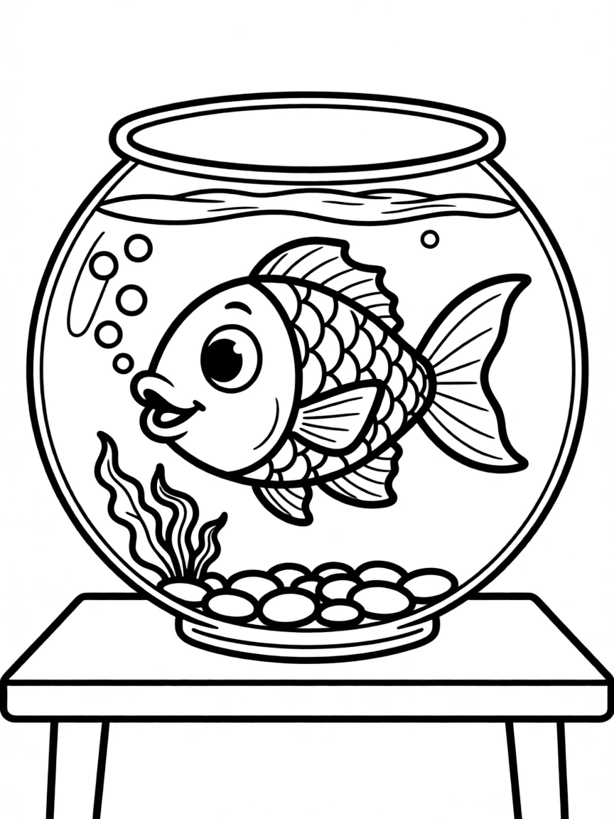 Cute cartoon fish swimming in a bowl coloring book page