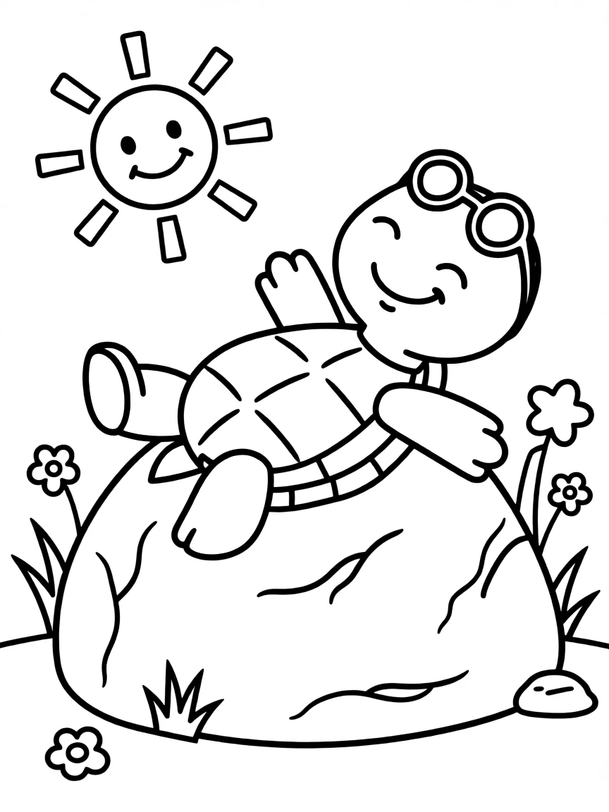 Cute cartoon turtle sunbathing on a rock coloring book page
