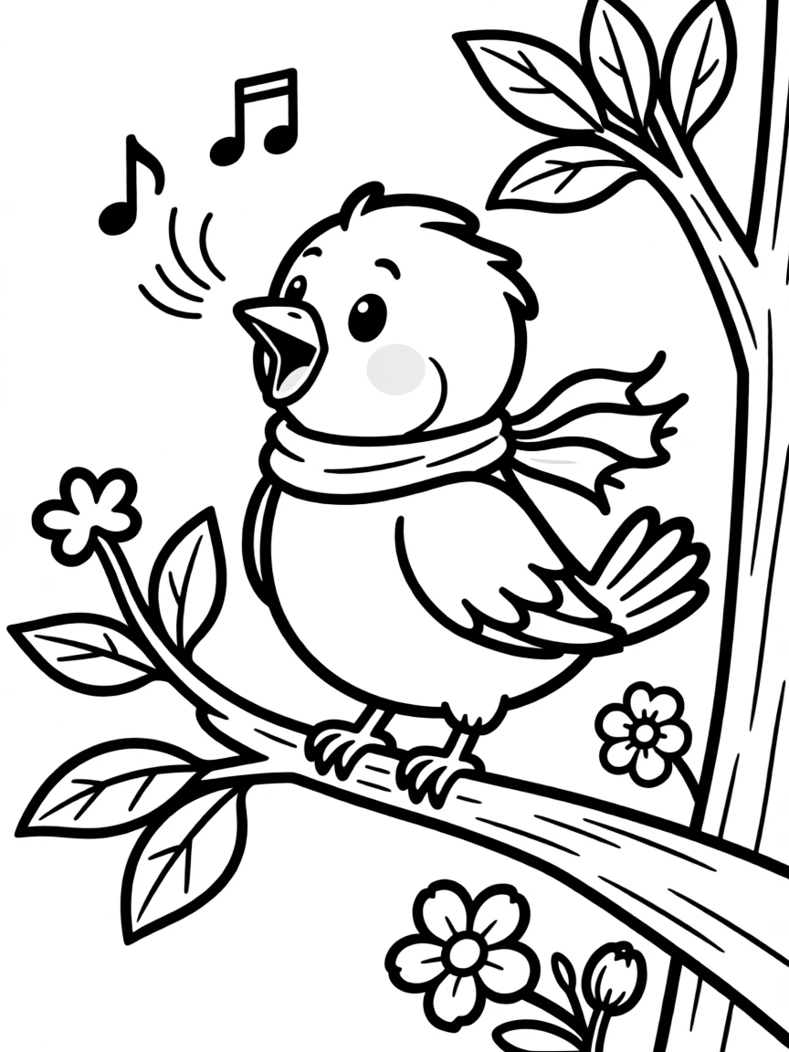 Cute cartoon bird singing on a branch coloring book page