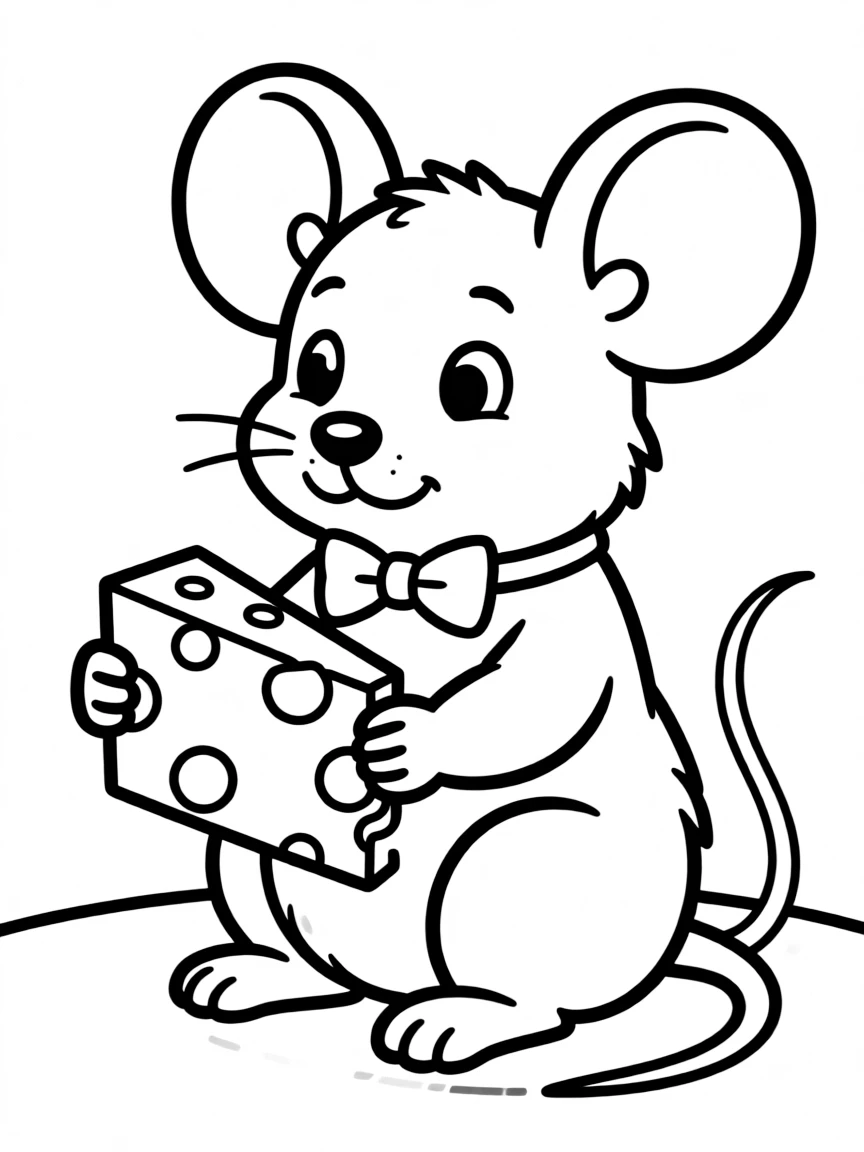 Cute cartoon mouse eating cheese coloring book page