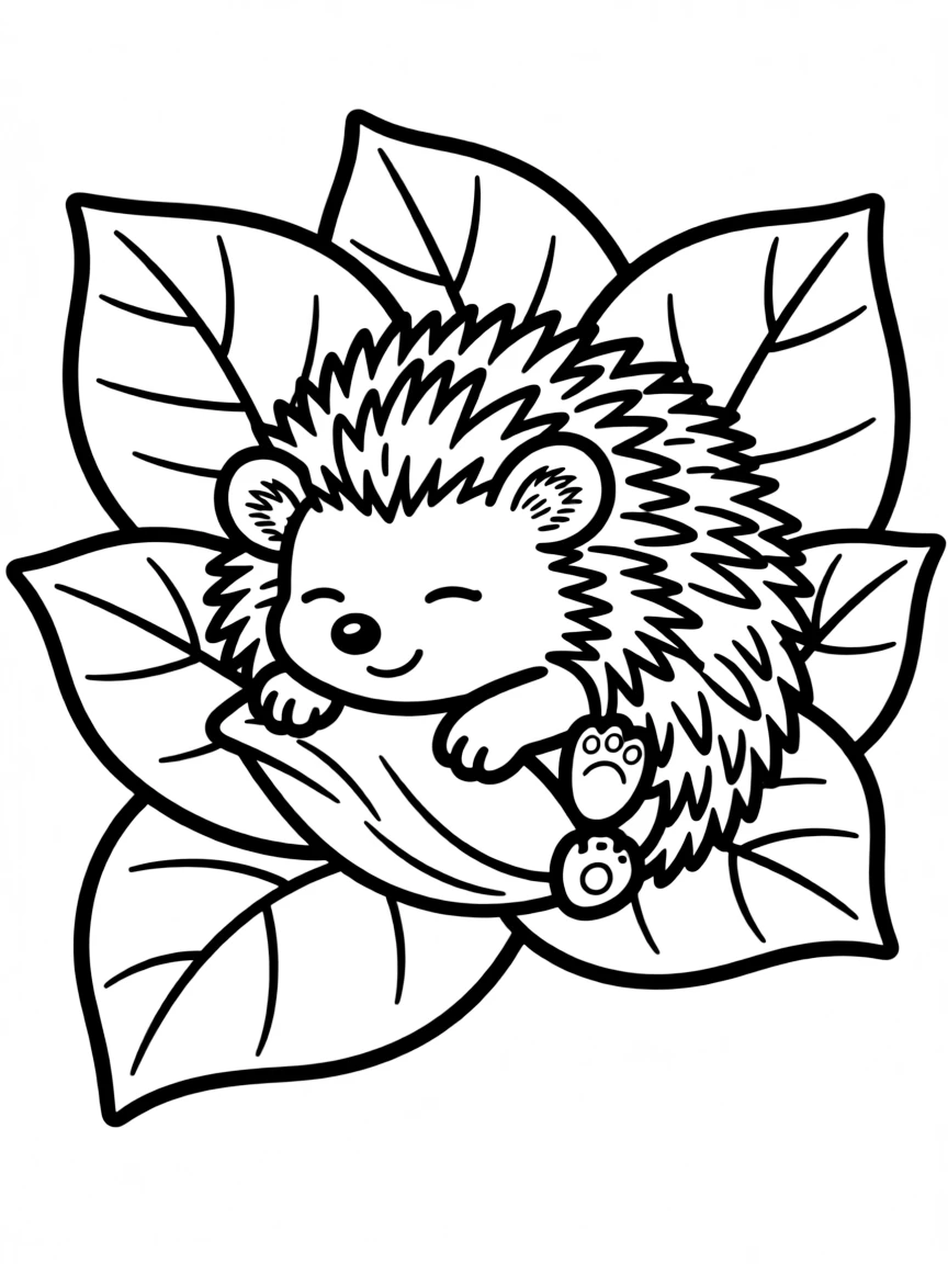 Cute cartoon hedgehog curled up in leaves coloring book page