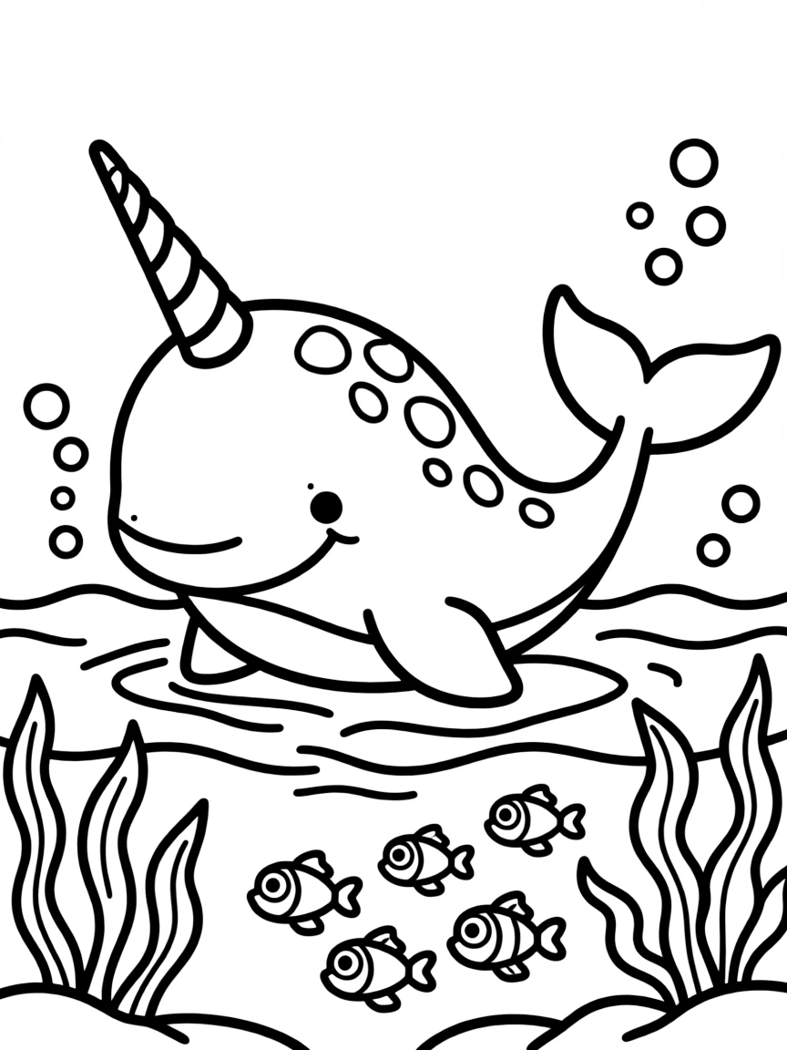 Cute cartoon narwhal swimming in the ocean coloring book page