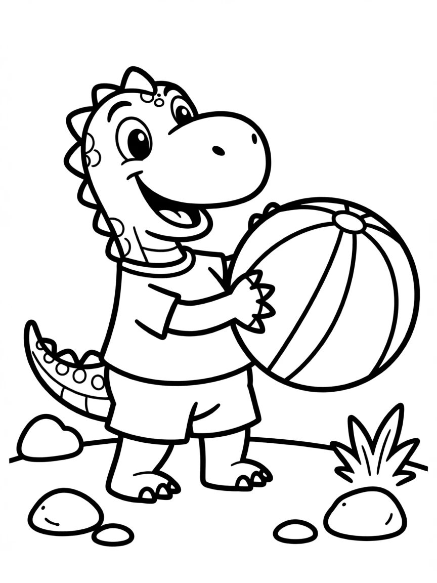 Cute cartoon dinosaur playing with a ball coloring book page