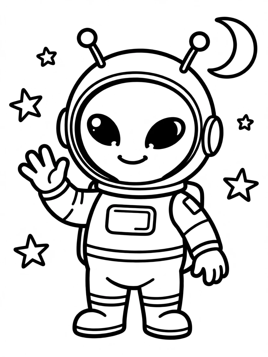 Cute cartoon alien waving hello coloring book page