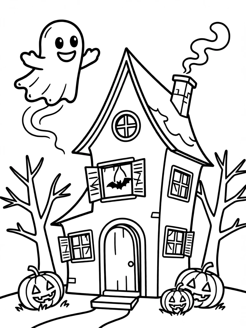 Cute cartoon ghost flying through a haunted house coloring book page