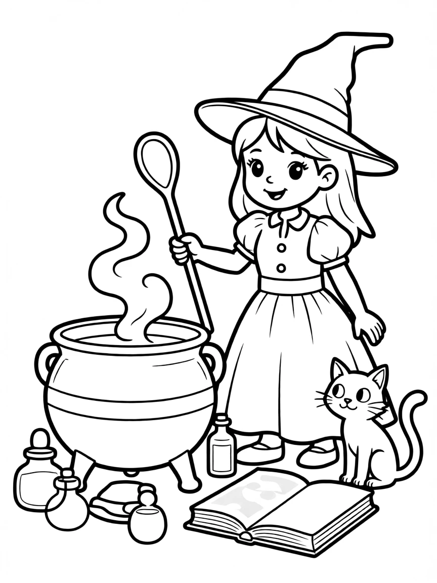 Cute cartoon witch stirring a cauldron coloring book page