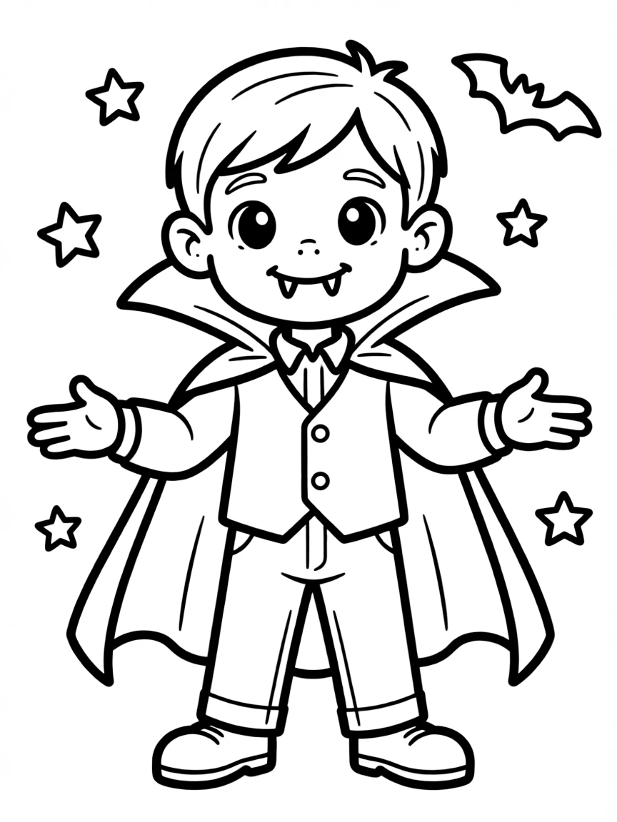 Cute cartoon vampire with tiny fangs coloring book page