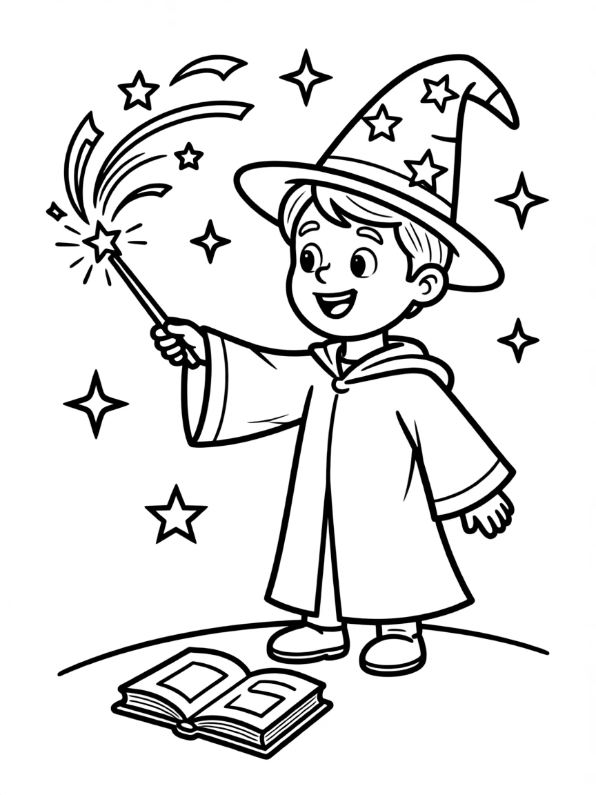 Cute cartoon wizard casting a spell coloring book page