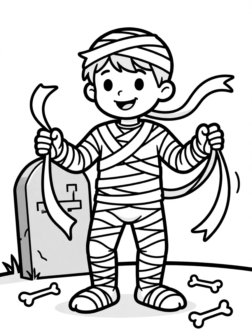 Cute cartoon mummy unwrapping himself coloring book page