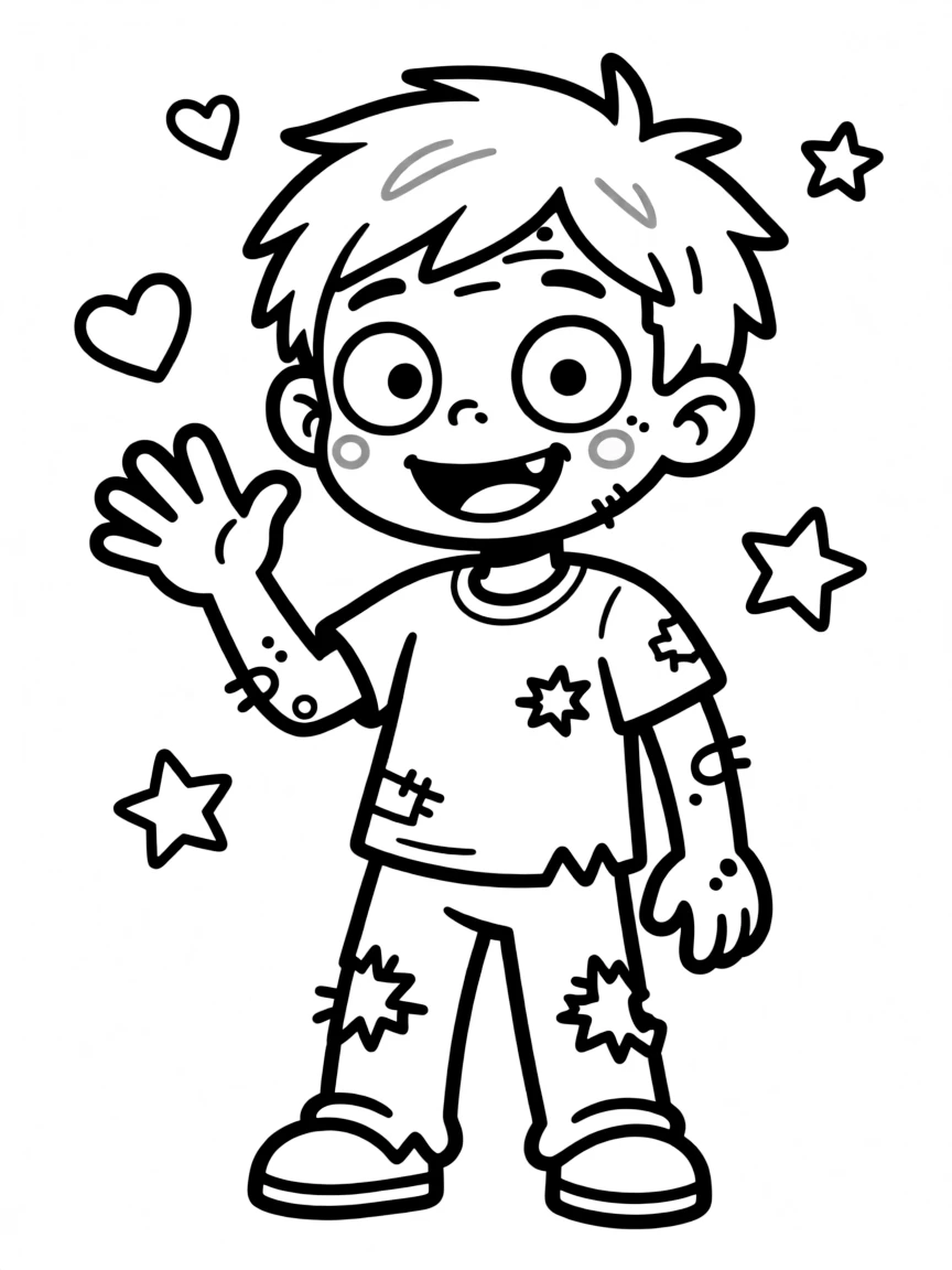 Cute cartoon zombie friendly waving coloring book page