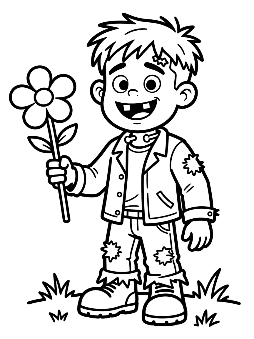 Cute cartoon Frankenstein's monster holding a flower coloring book page