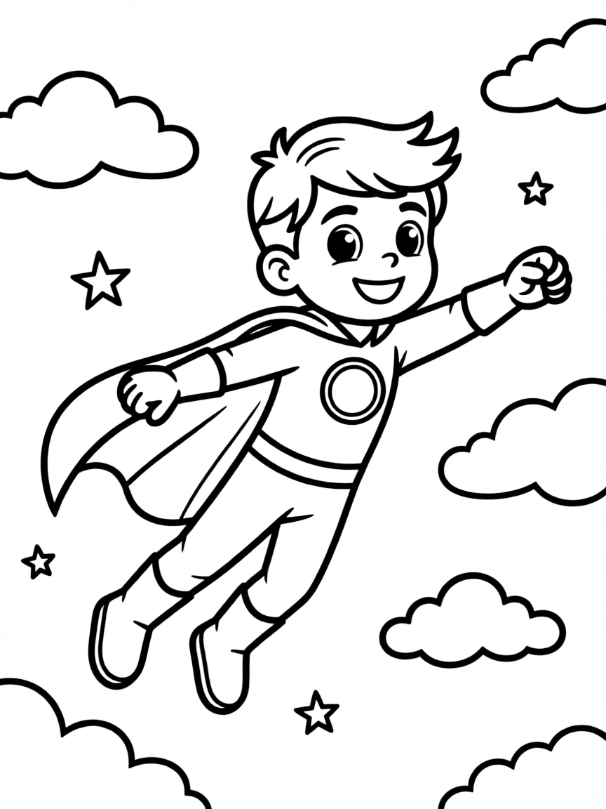 Cute cartoon superhero flying through the sky coloring book page