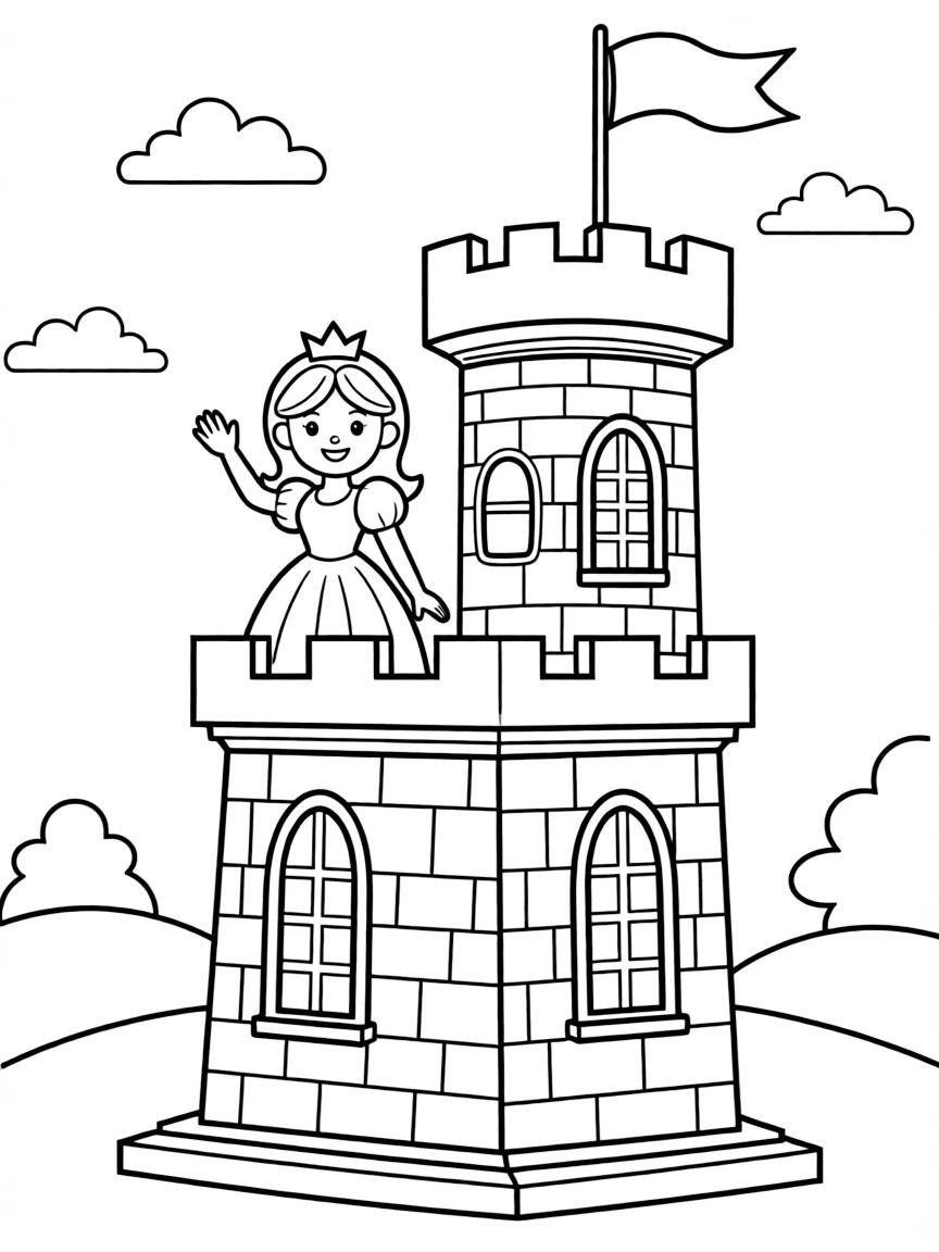 Cute cartoon princess waving from a castle coloring book page