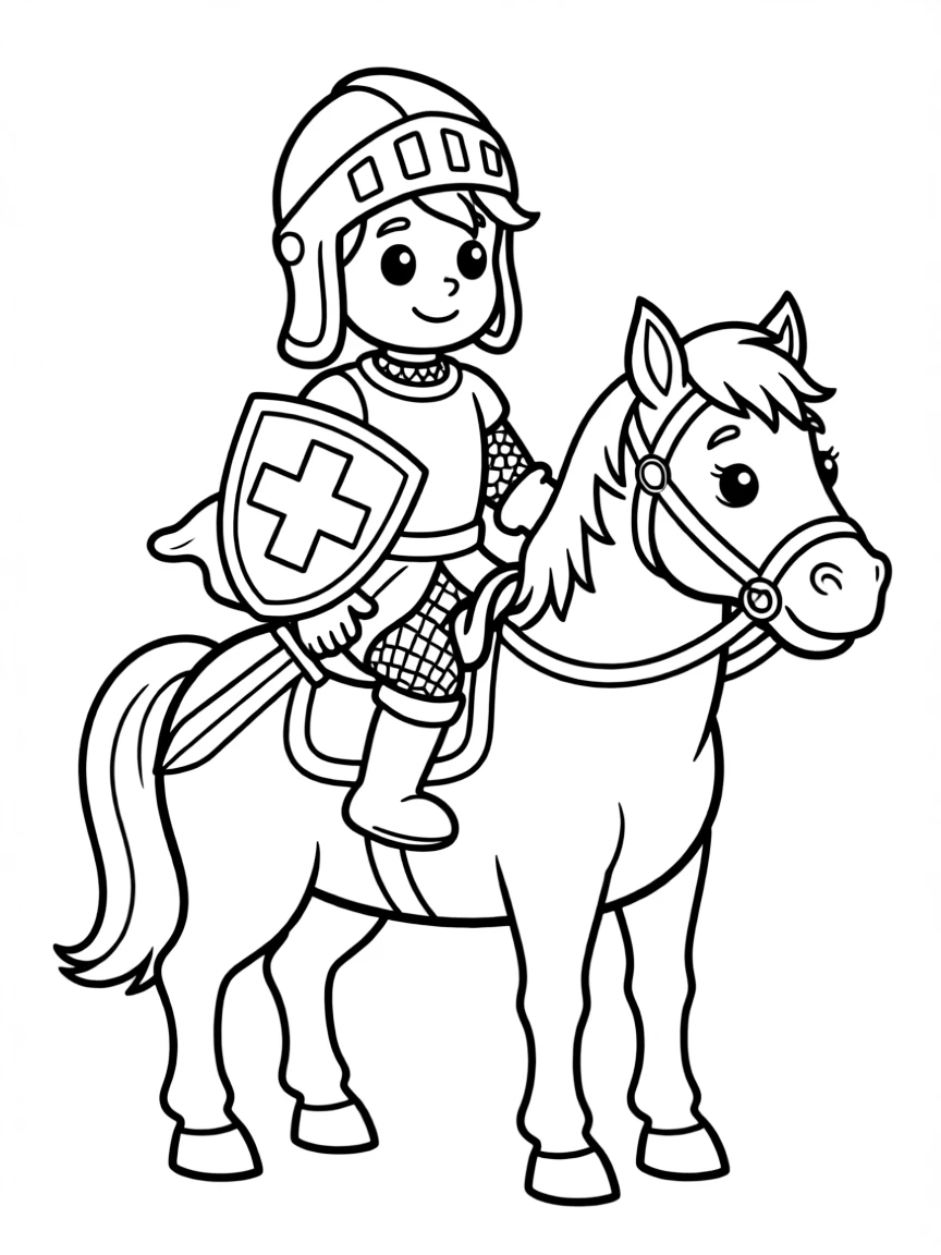 Cute cartoon knight riding a horse coloring book page
