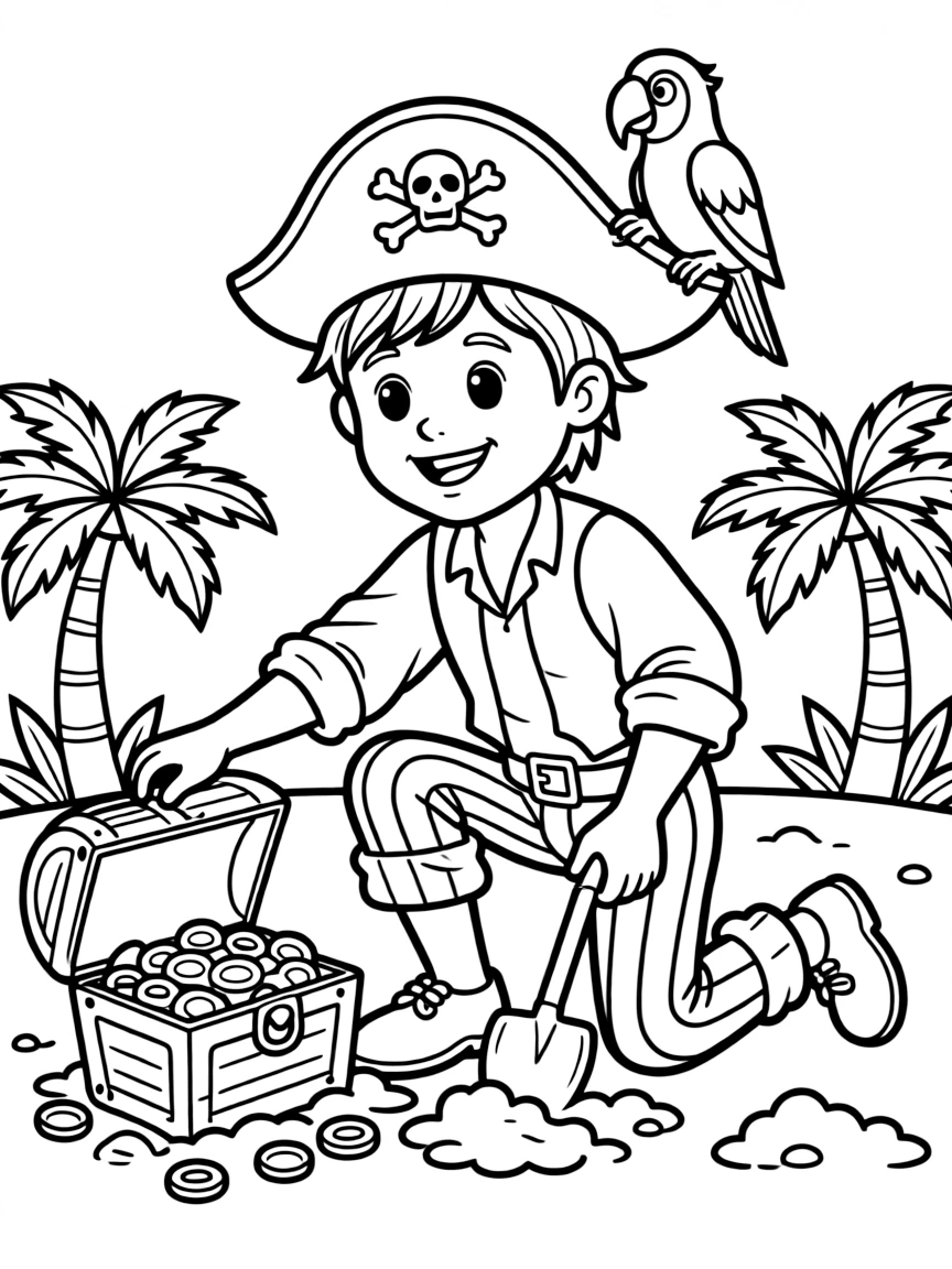 Cute cartoon pirate digging for treasure coloring book page