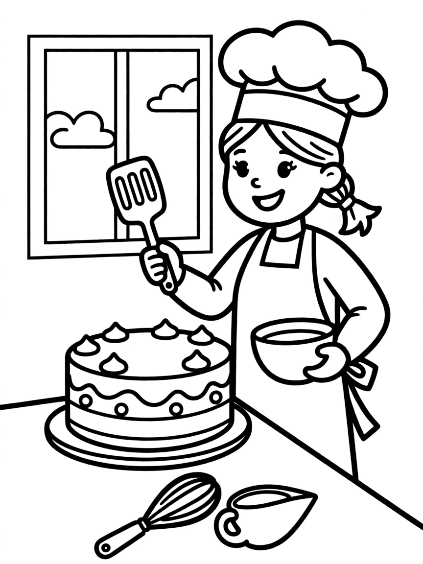 Cute cartoon chef baking a cake coloring book page