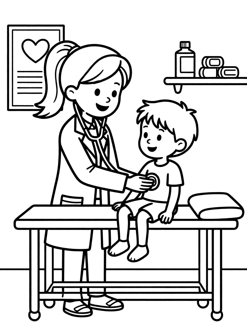 Cute cartoon doctor helping a patient coloring book page