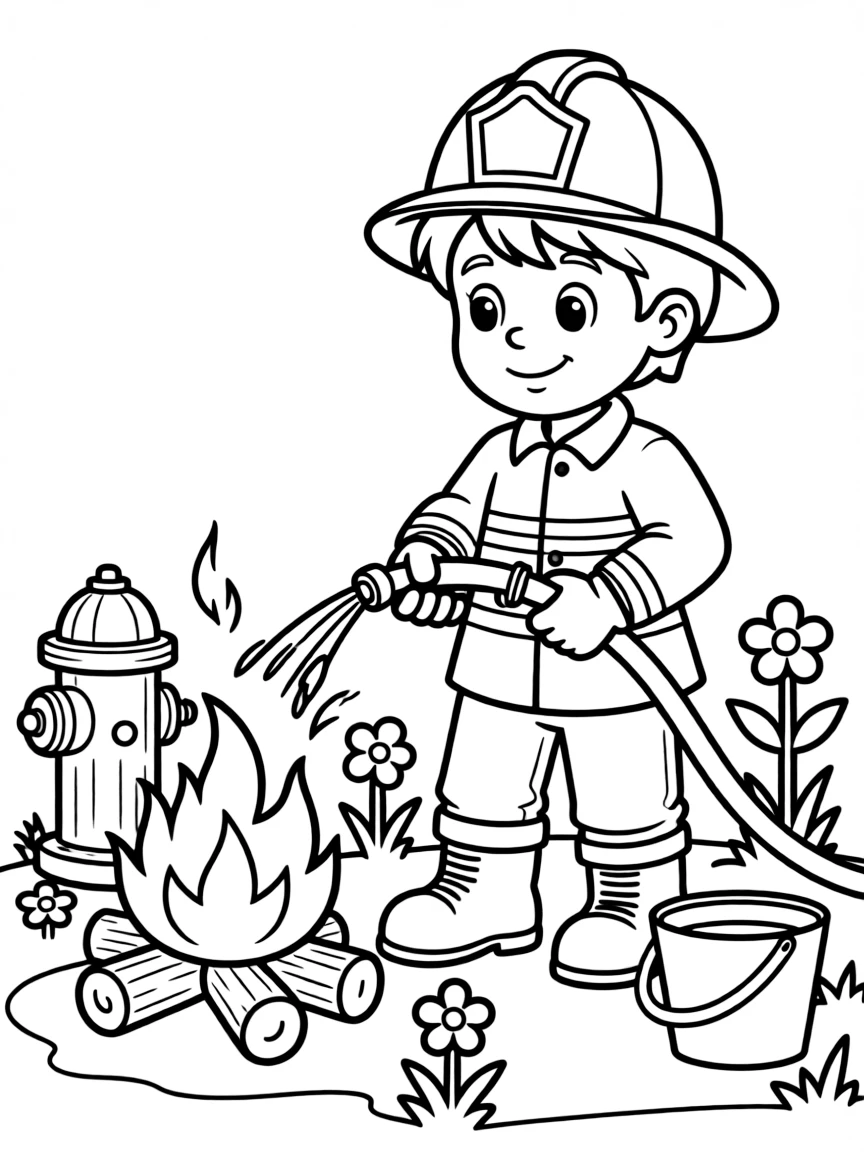 Cute cartoon firefighter putting out a small fire coloring book page