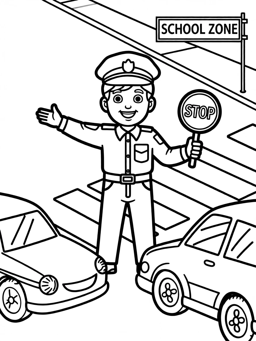 Cute cartoon police officer directing traffic coloring book page