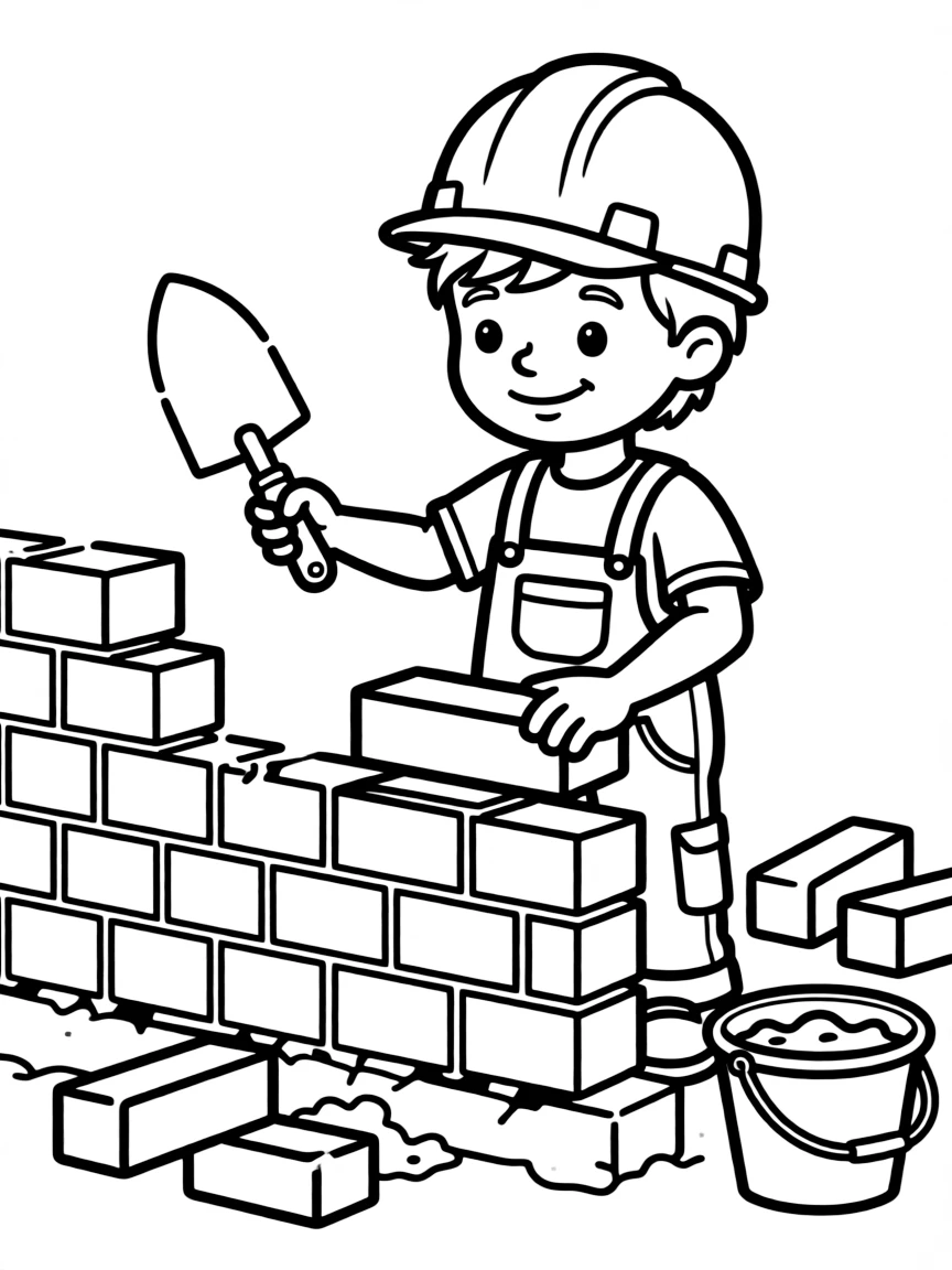 Cute cartoon construction worker building a wall coloring book page