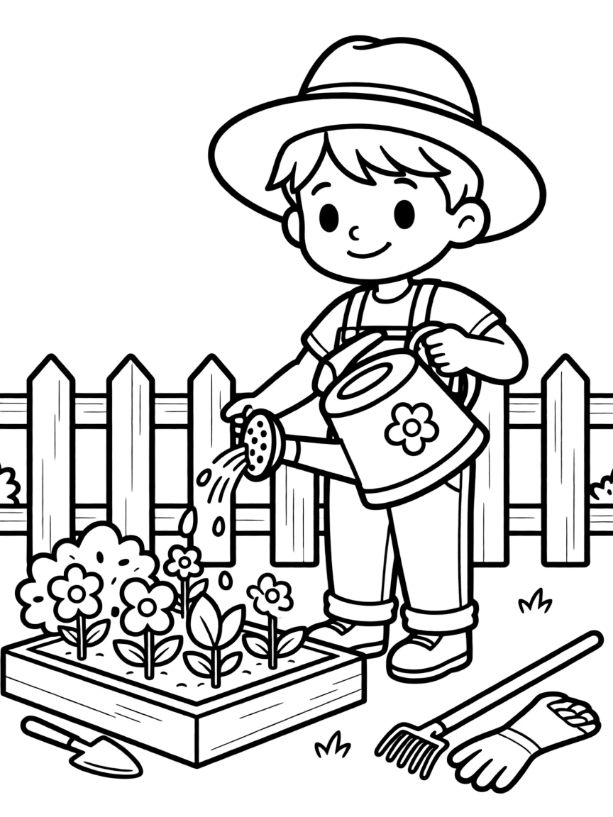 Cute cartoon gardener watering plants coloring book page