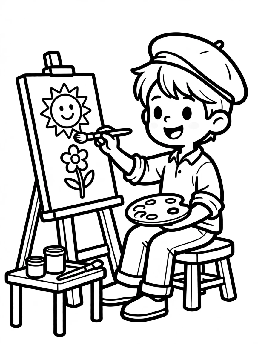 Cute cartoon artist painting a picture coloring book page
