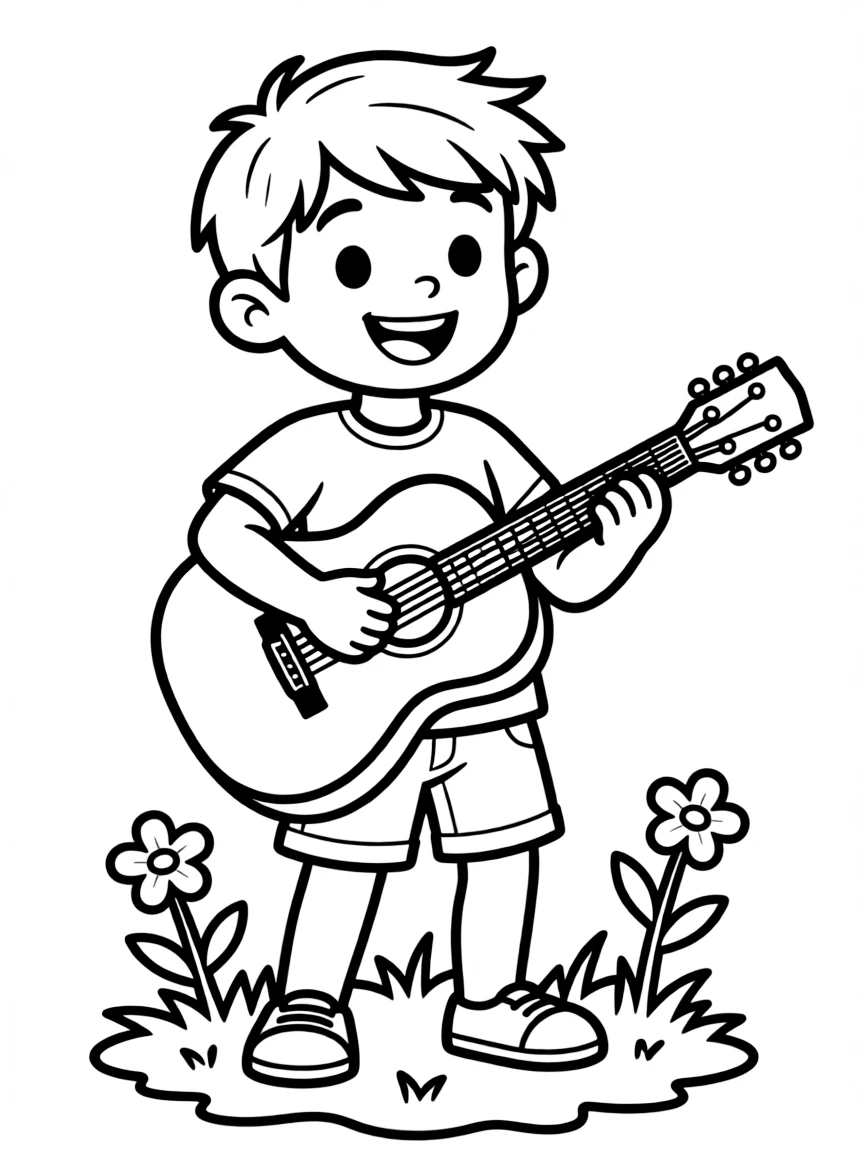 Cute cartoon musician playing a guitar coloring book page