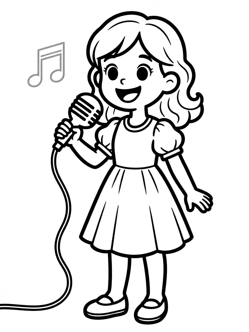 Cute cartoon singer holding a microphone coloring book page