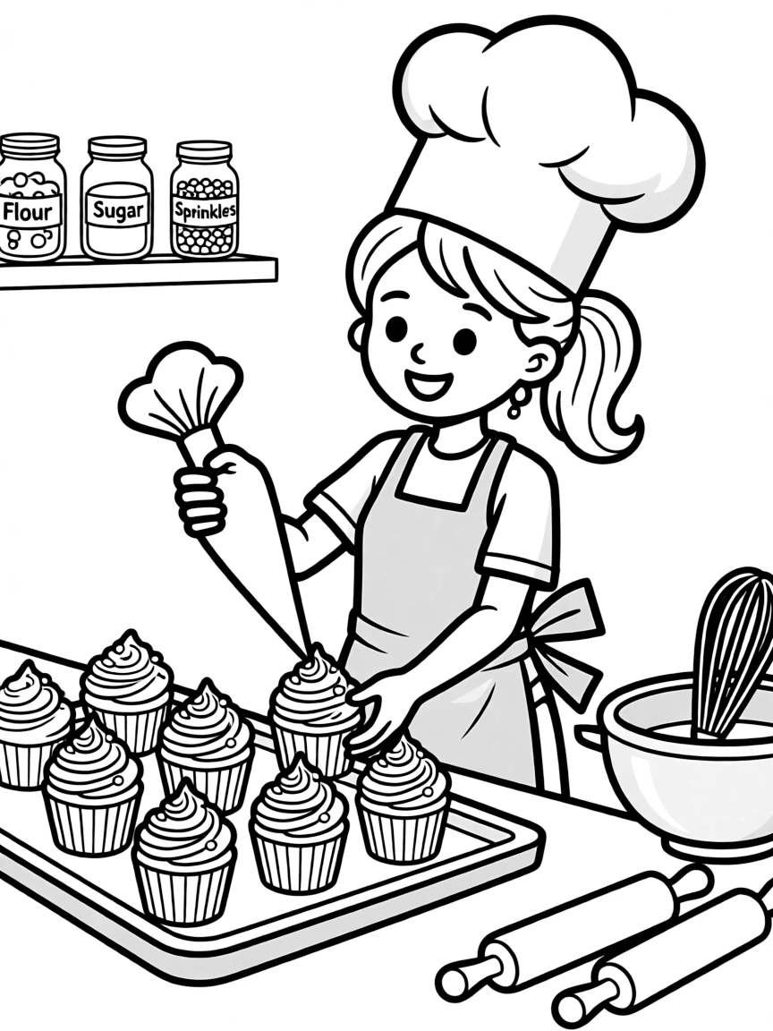 Cute cartoon baker decorating cupcakes coloring book page
