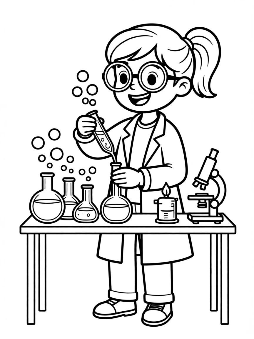 Cute cartoon scientist mixing potions coloring book page