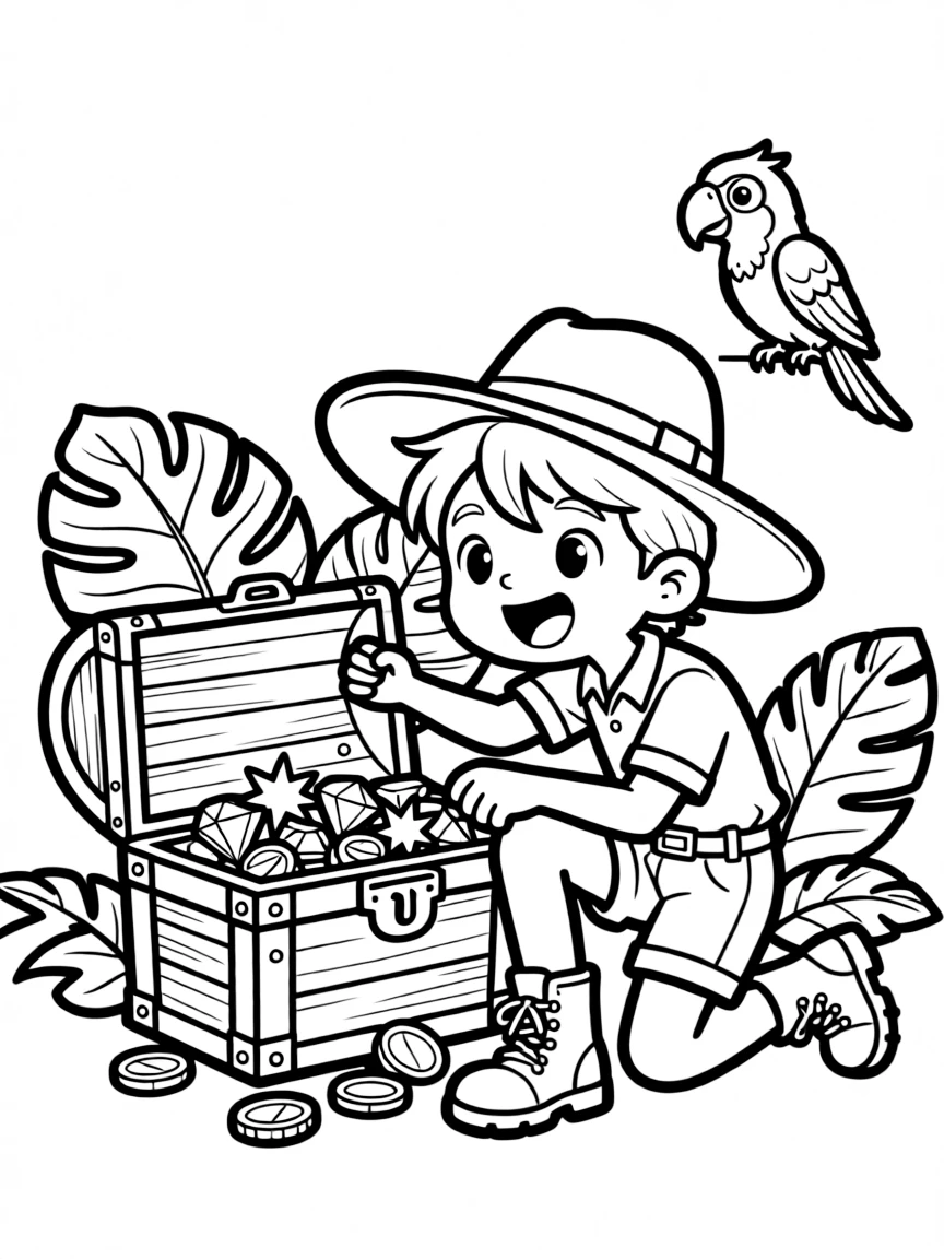 Cute cartoon explorer finding a treasure chest coloring book page