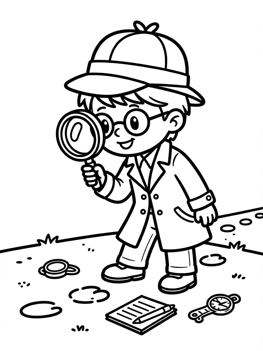 Cute cartoon detective looking for clues coloring book page