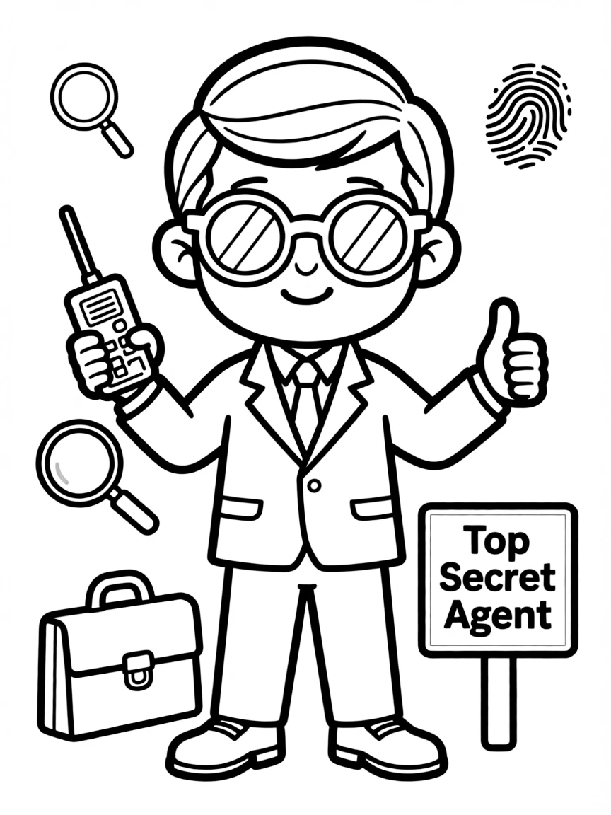 Cute cartoon secret agent wearing sunglasses coloring book page