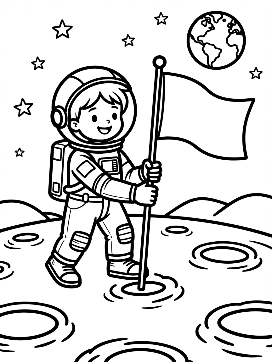 Cute cartoon astronaut planting a flag on the moon coloring book page