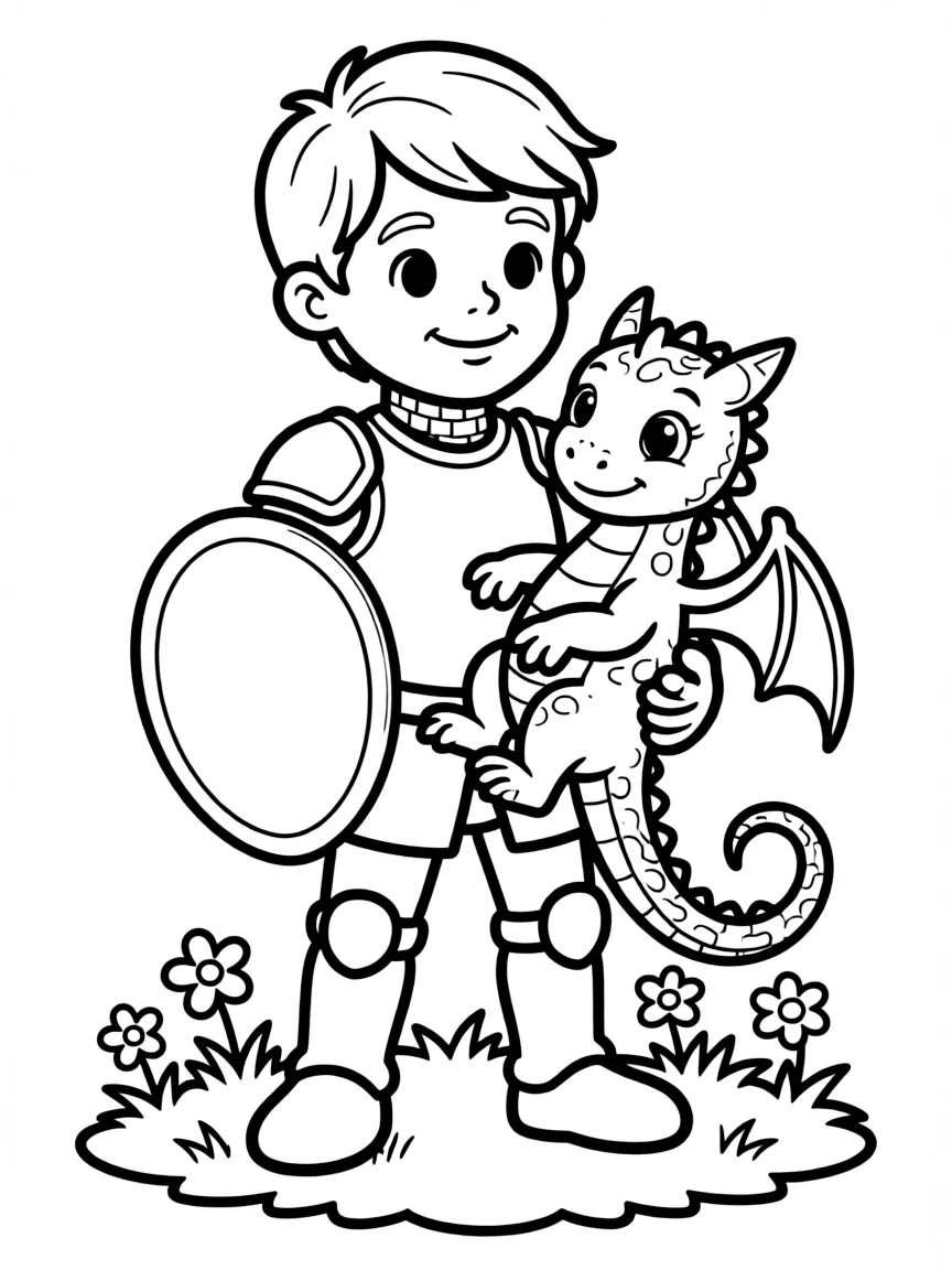 Cute cartoon knight rescuing a small dragon coloring book page