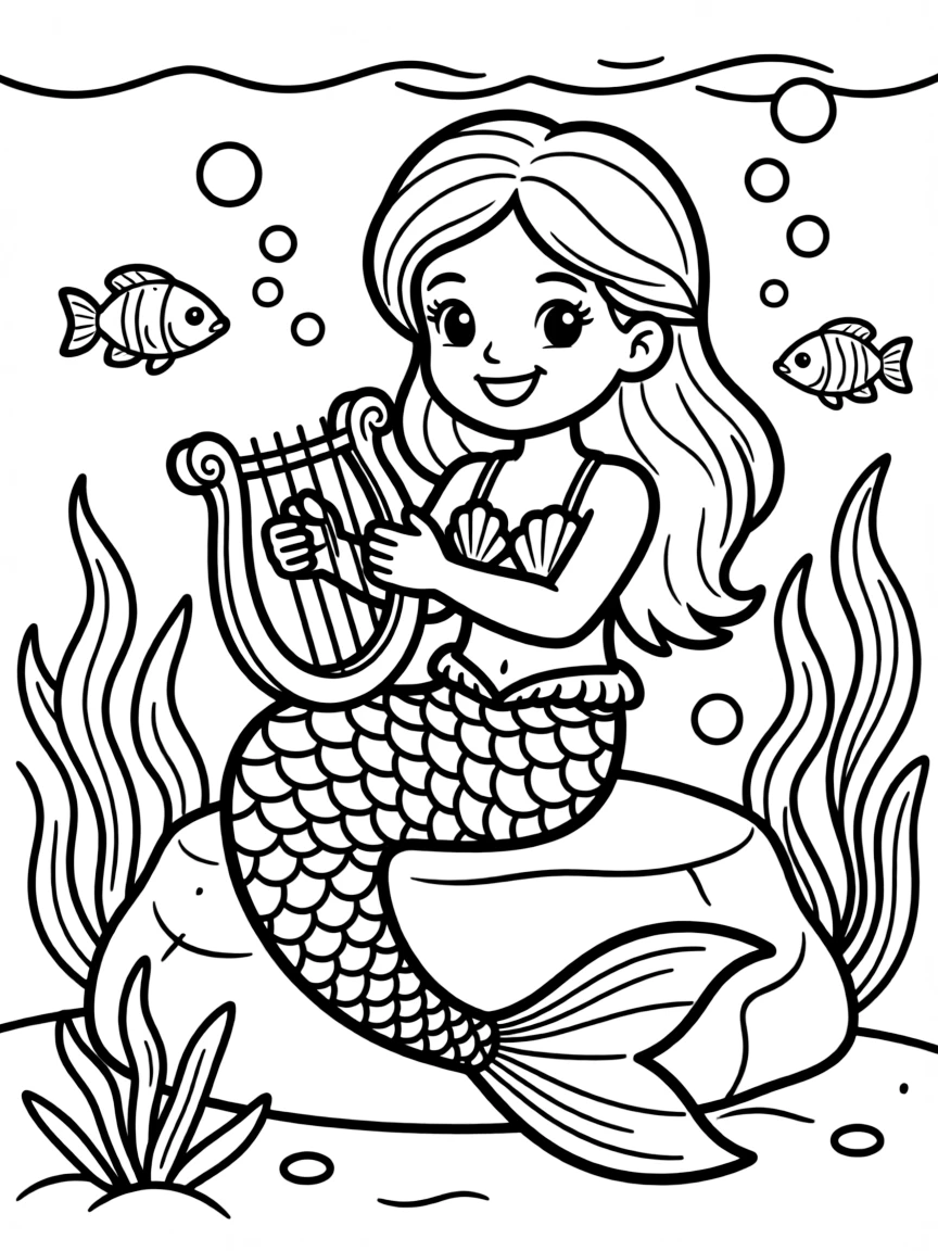 Cute cartoon mermaid playing a harp underwater coloring book page