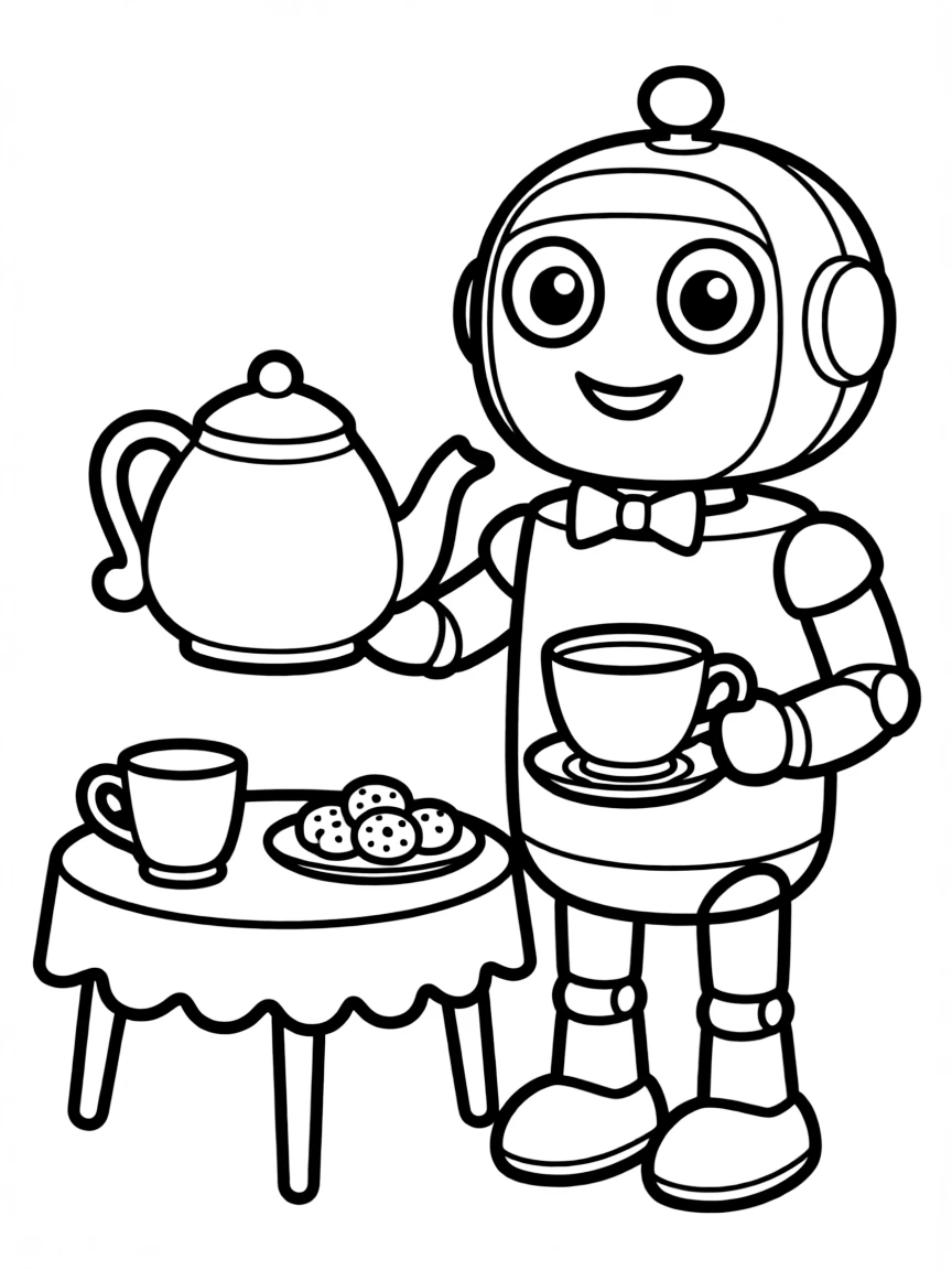 Cute cartoon robot serving tea coloring book page