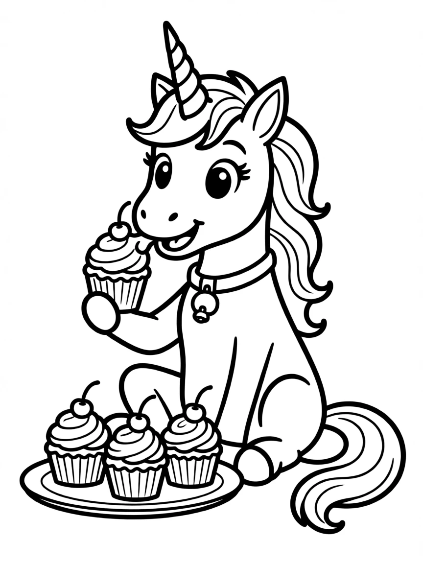 Cute cartoon unicorn eating cupcakes coloring book page