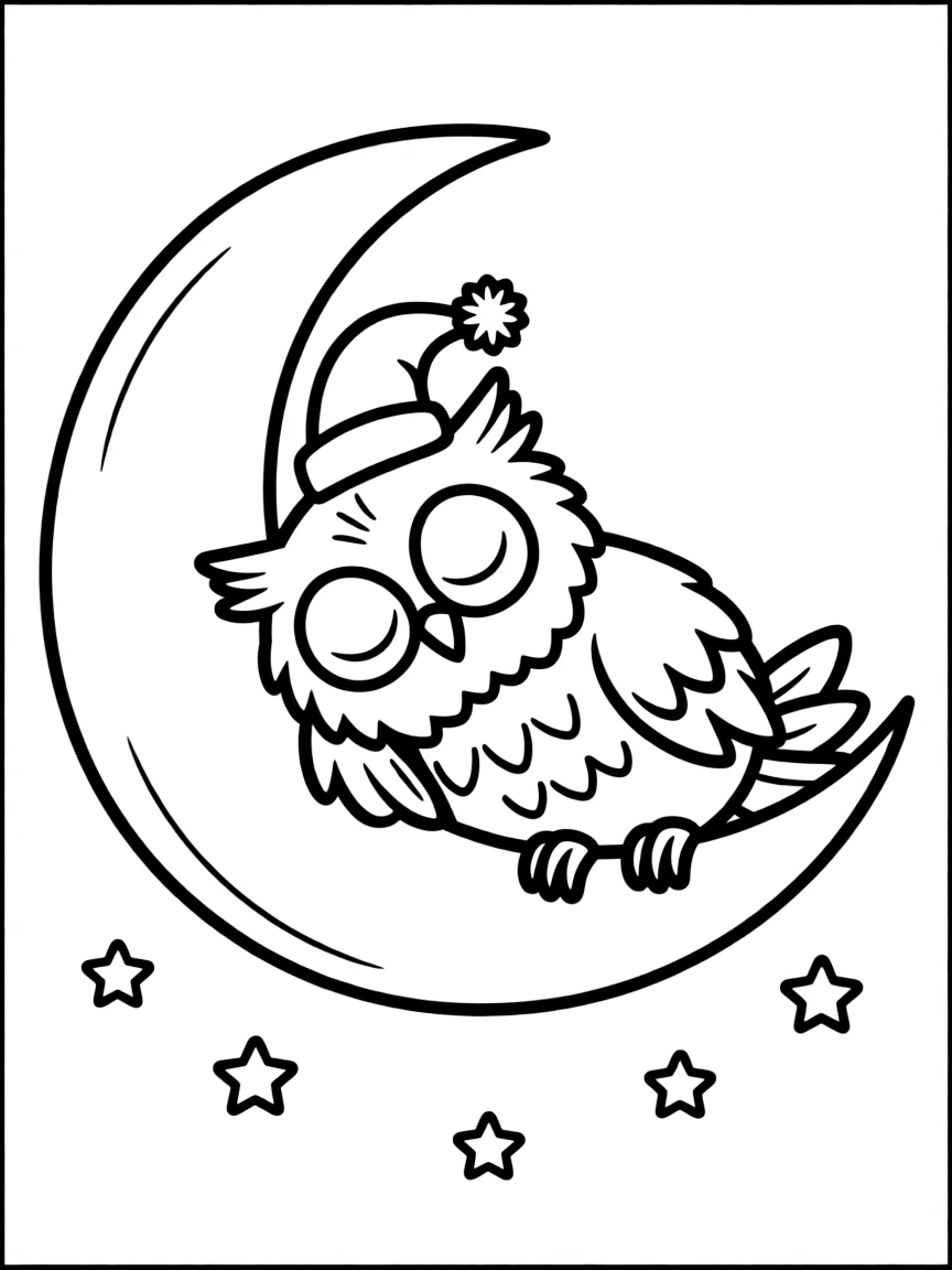 Cute cartoon owl sleeping on a crescent moon coloring book page