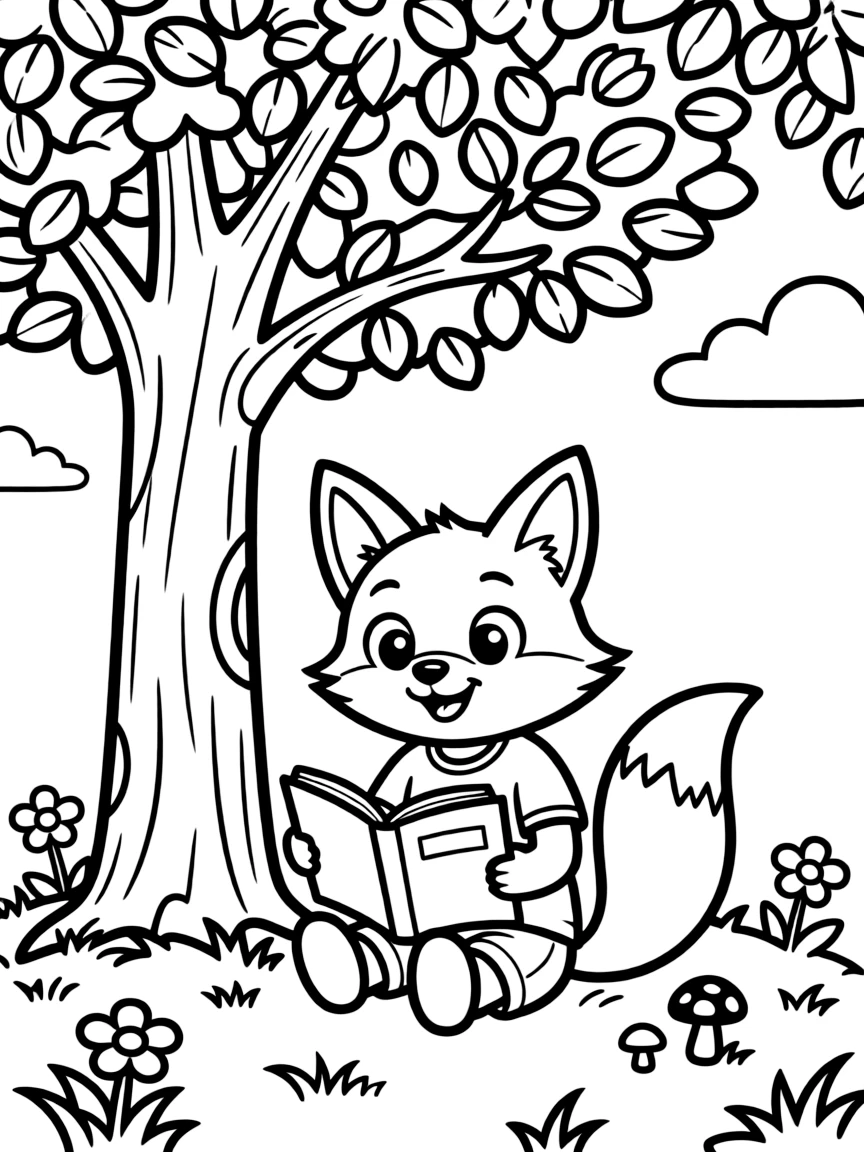 Cute cartoon fox reading under a tree coloring book page