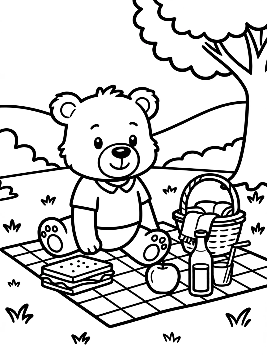Cute cartoon bear having a picnic coloring book page
