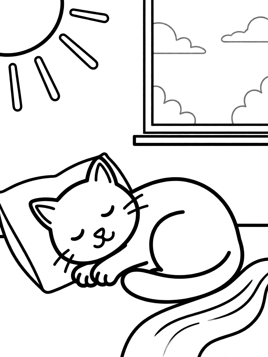 Cute cartoon cat napping in a sunbeam coloring book page