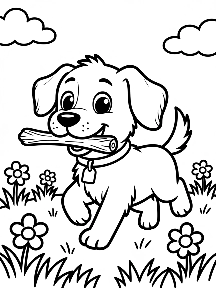Cute cartoon dog fetching a stick coloring book page