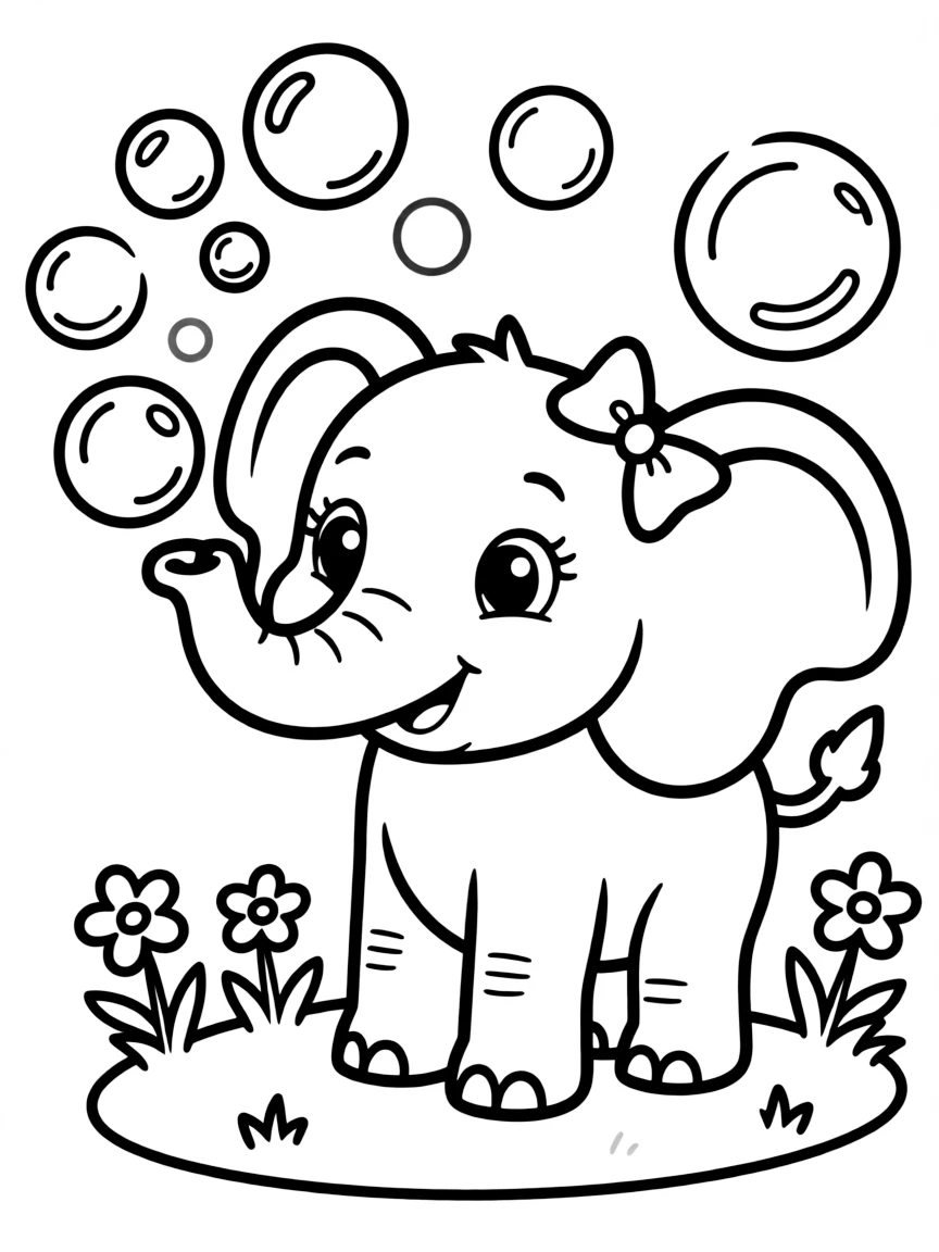 Cute cartoon elephant blowing bubbles coloring book page